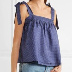 J Crew Tie Shoulder Silk Top Polka dot Navy Blue White Tank Cami Zip Bow 12